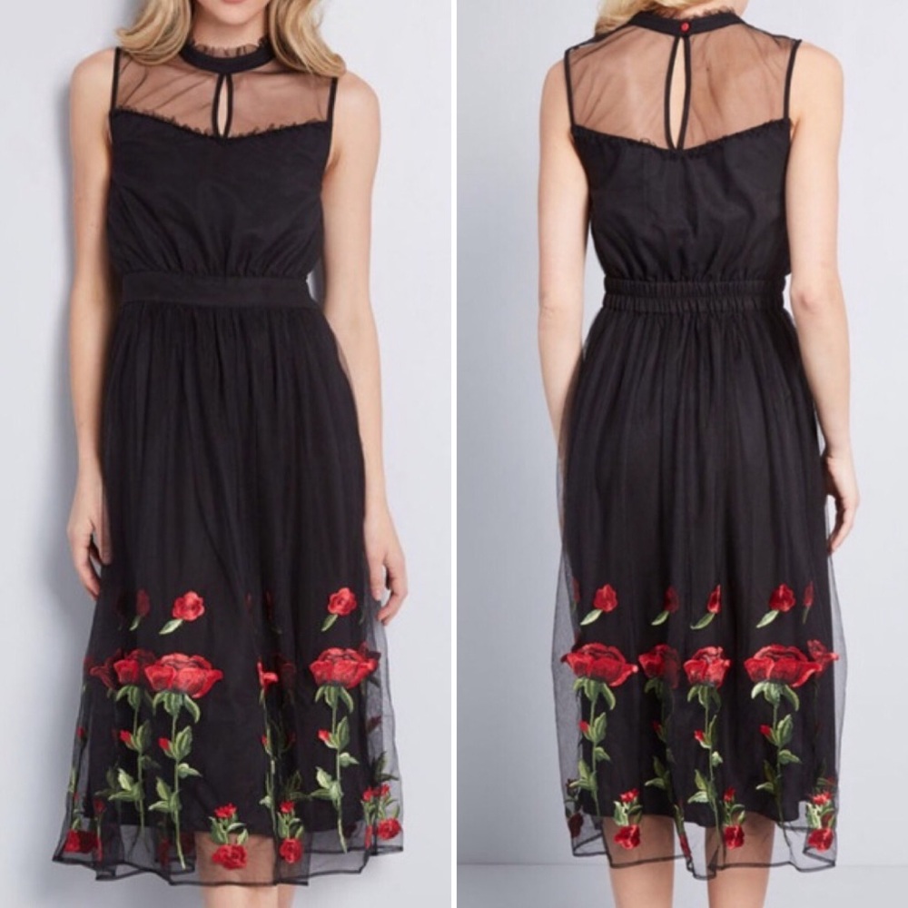 NWOT ModCloth Tulle Rose Embroidered Midi Dress